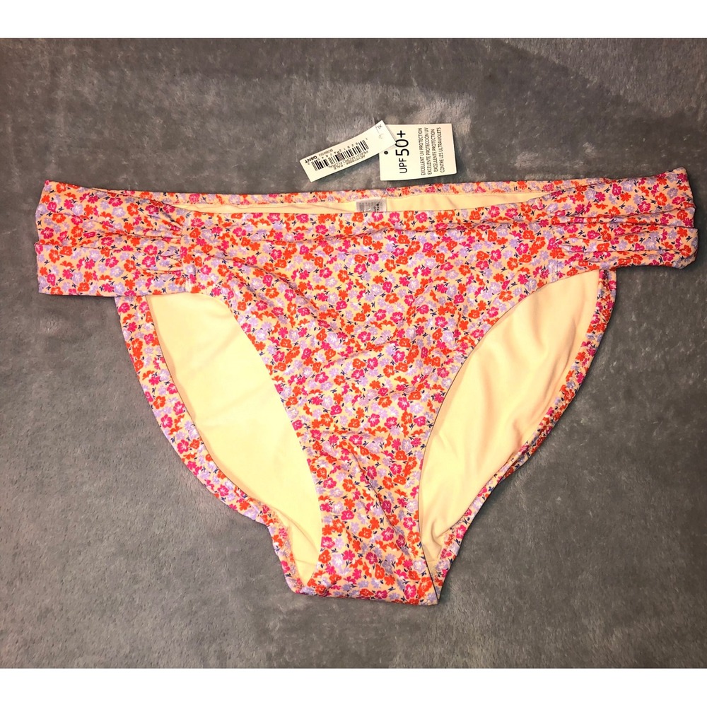 Amazon Essentials Womens XL Ruched Bikini Swim Bottom Peach Micro Floral UPF 50+